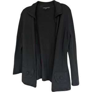 Banana Republic Black Angora Cotton Blend Open Front Cardigan Crochet Trim Small